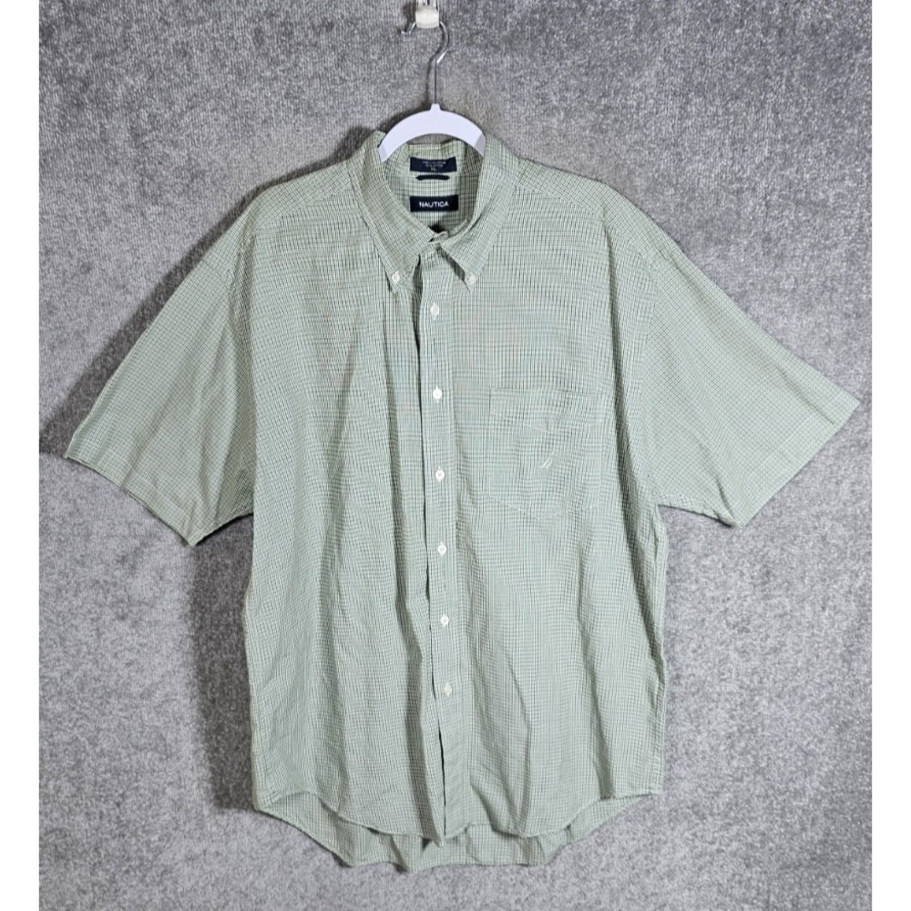 Nautica Button Down Shirt Mens Size XL Green Plaid Cotton Pocket Short Sleeve